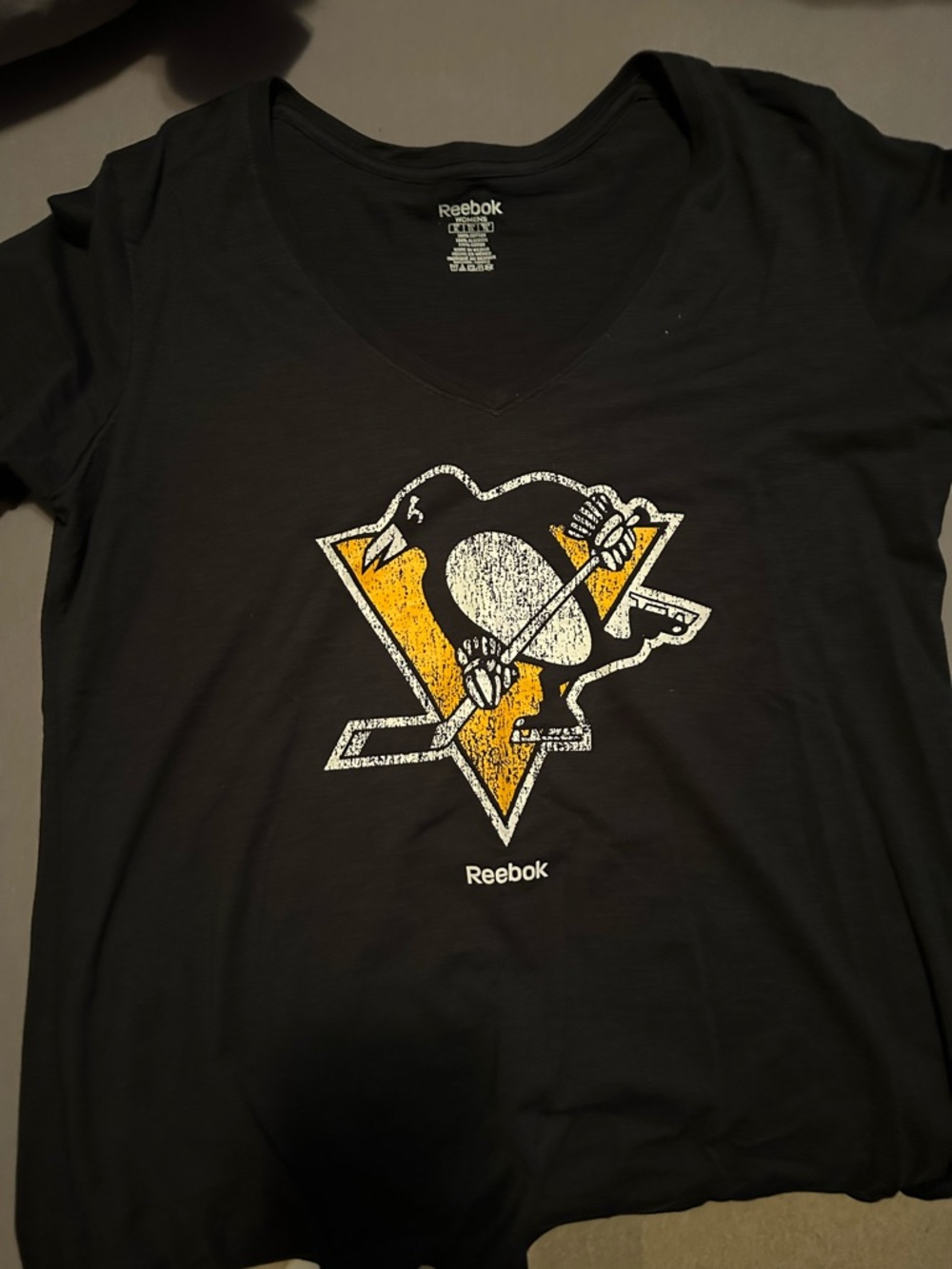 Reebok Black V-Neck Tee with Yellow & White Penguins Logo